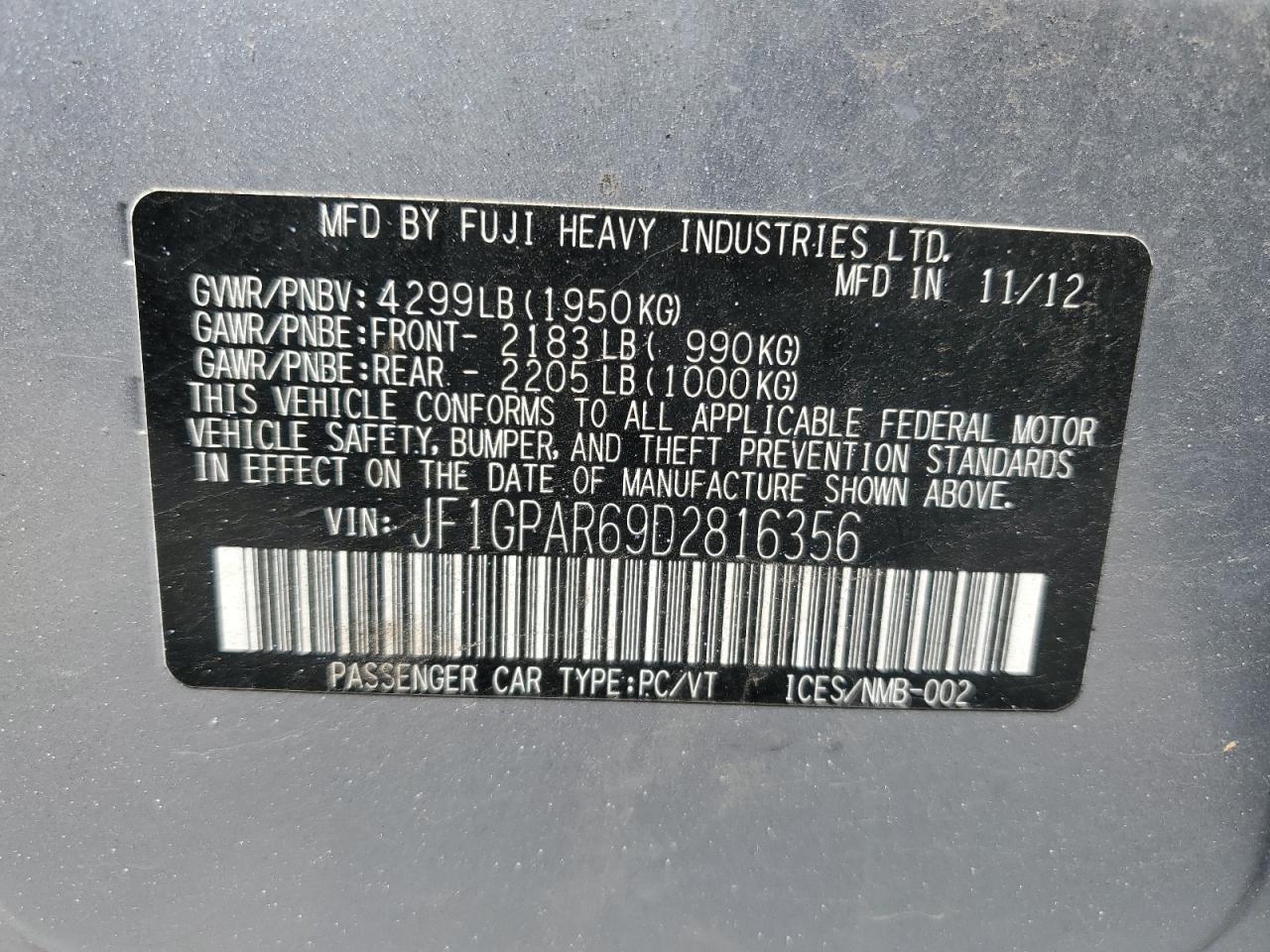 2013 Subaru Impreza Sport Limited VIN: JF1GPAR69D2816356 Lot: 69380765