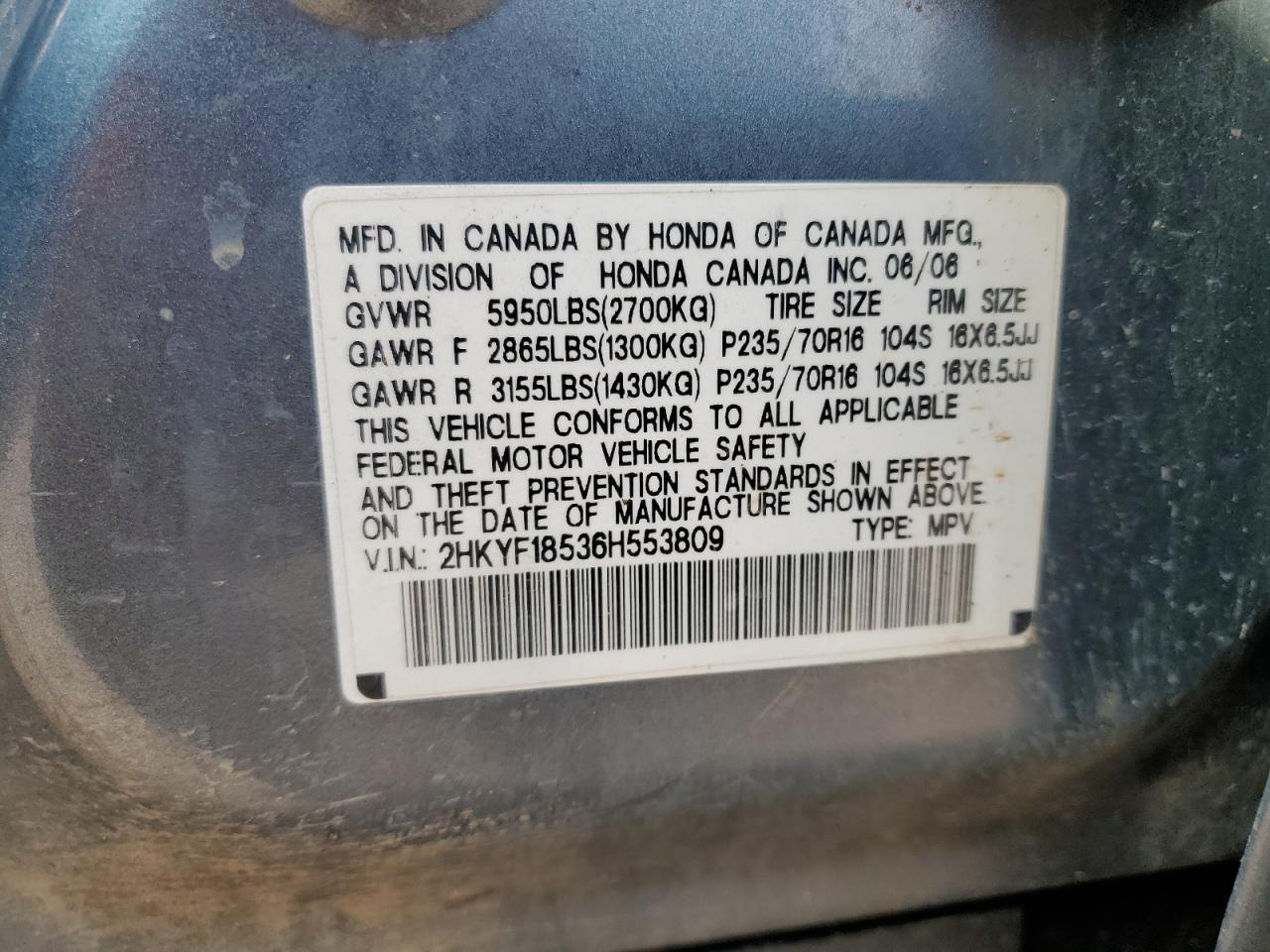 2006 Honda Pilot Ex VIN: 2HKYF18536H553809 Lot: 68189755
