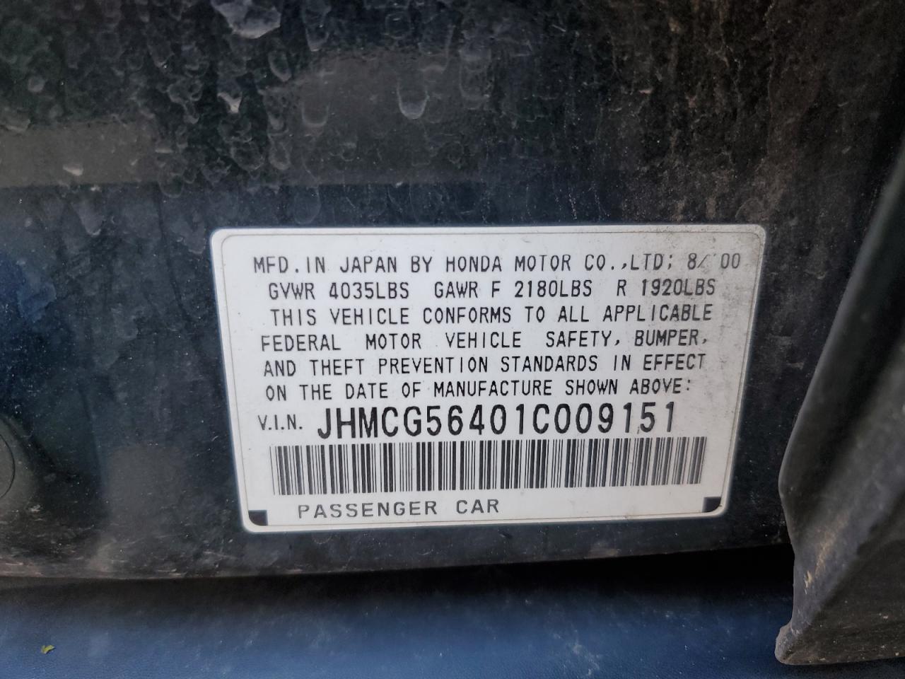 2001 Honda Accord Lx VIN: JHMCG56401C009151 Lot: 70842525