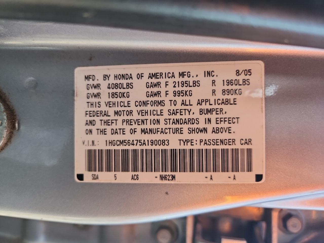 2005 Honda Accord Lx VIN: 1HGCM56475A190083 Lot: 70412875