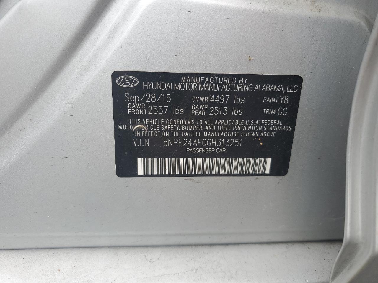 2016 Hyundai Sonata Se VIN: 5NPE24AF0GH313251 Lot: 69045545