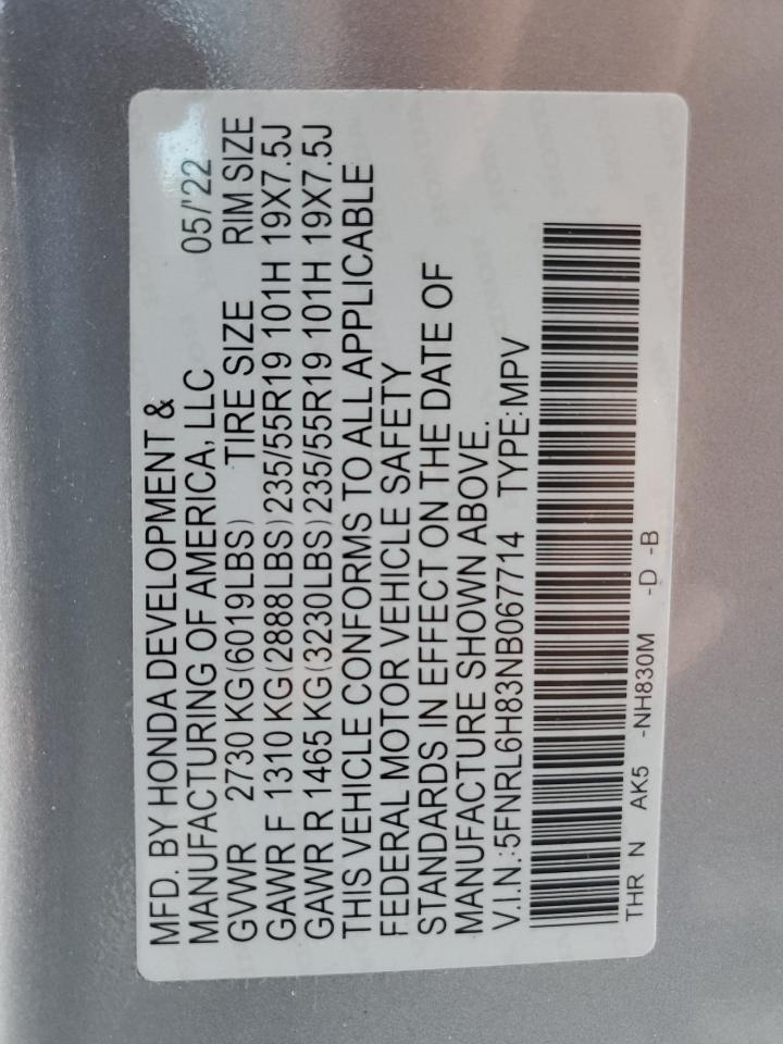 2022 Honda Odyssey Touring VIN: 5FNRL6H83NB067714 Lot: 70714535