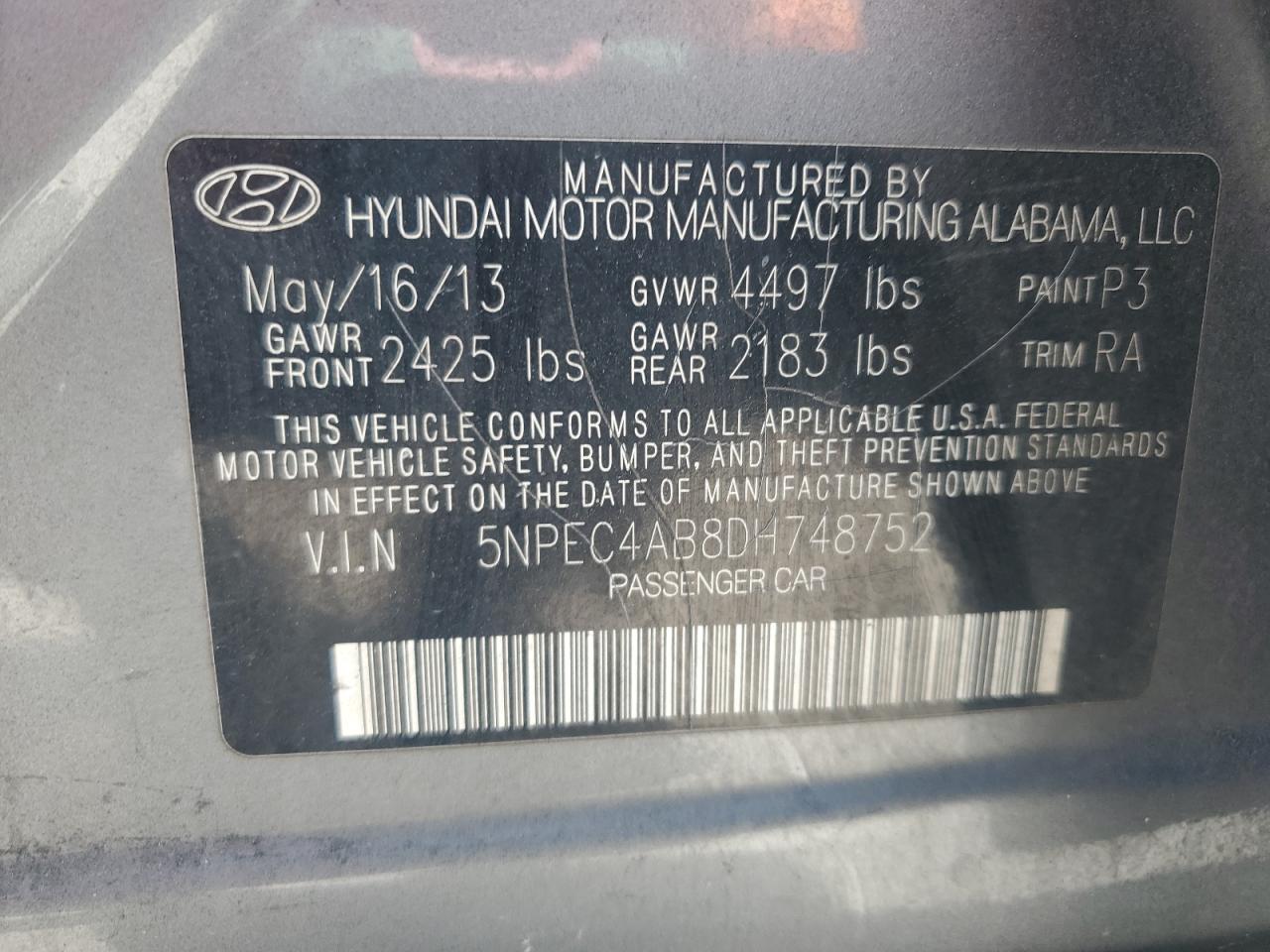 2013 Hyundai Sonata Se VIN: 5NPEC4AB8DH748752 Lot: 67575305