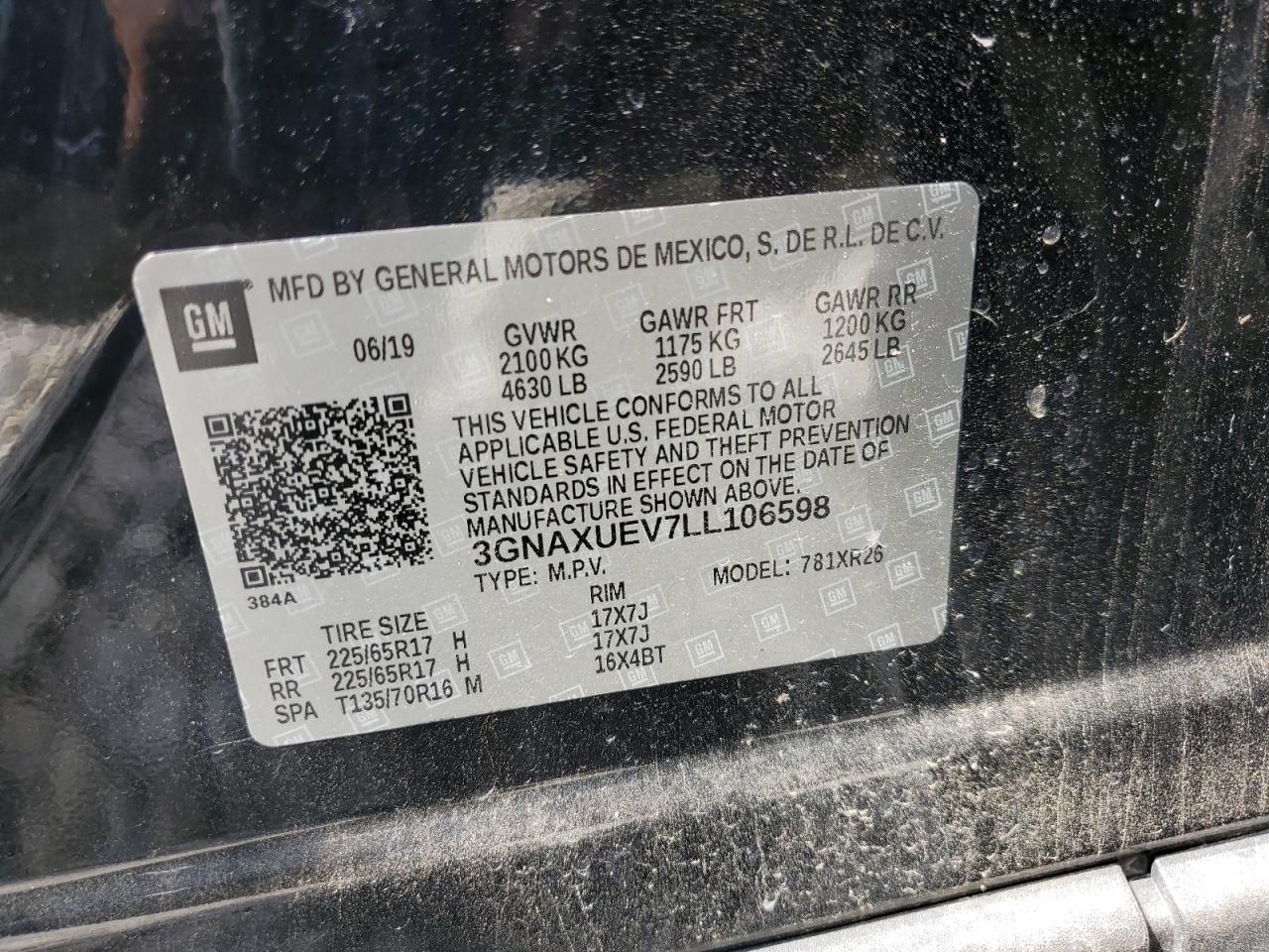 2020 Chevrolet Equinox Lt VIN: 3GNAXUEV7LL106598 Lot: 70299365