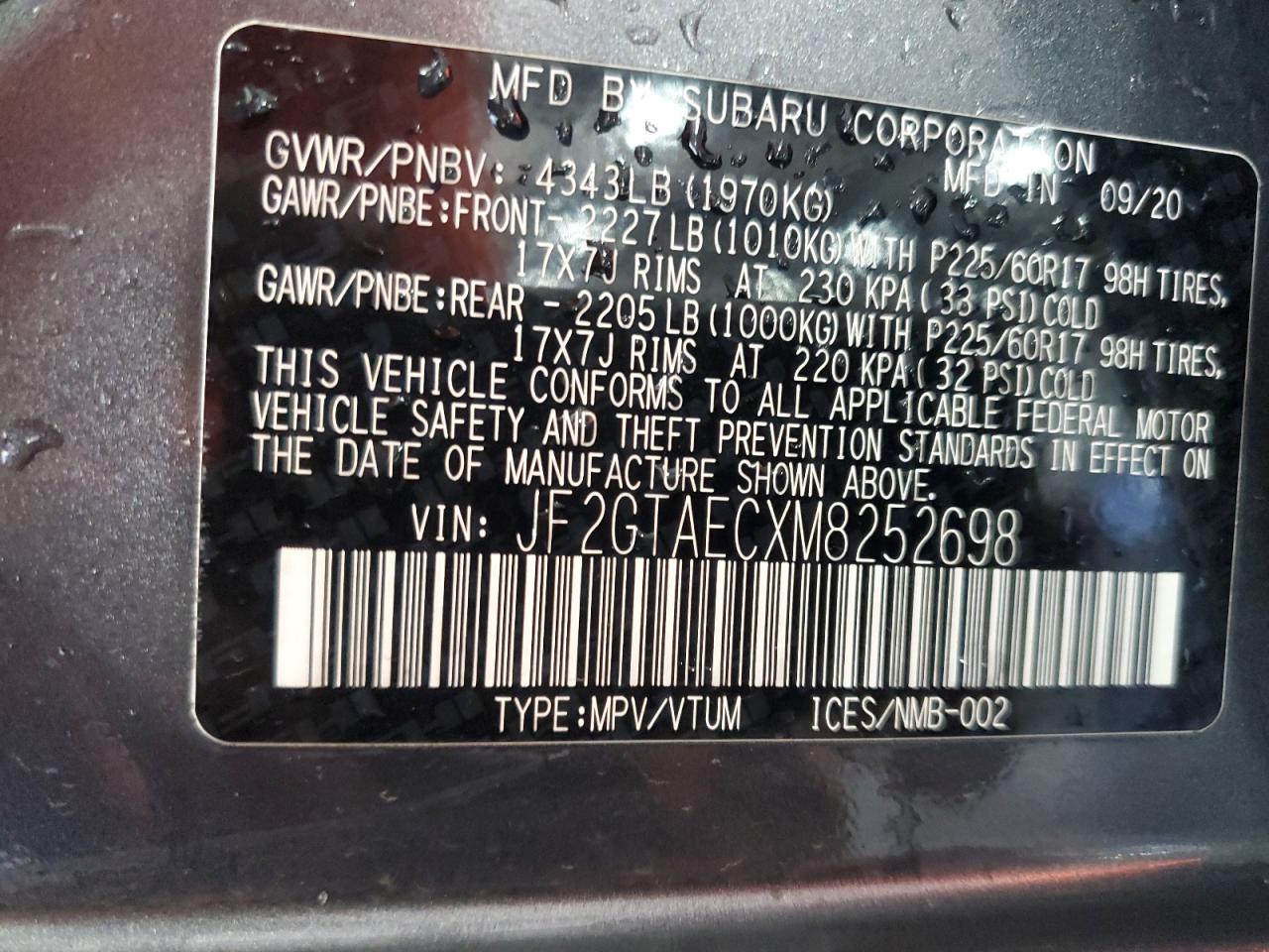 2021 Subaru Crosstrek Premium VIN: JF2GTAECXM8252698 Lot: 69458995