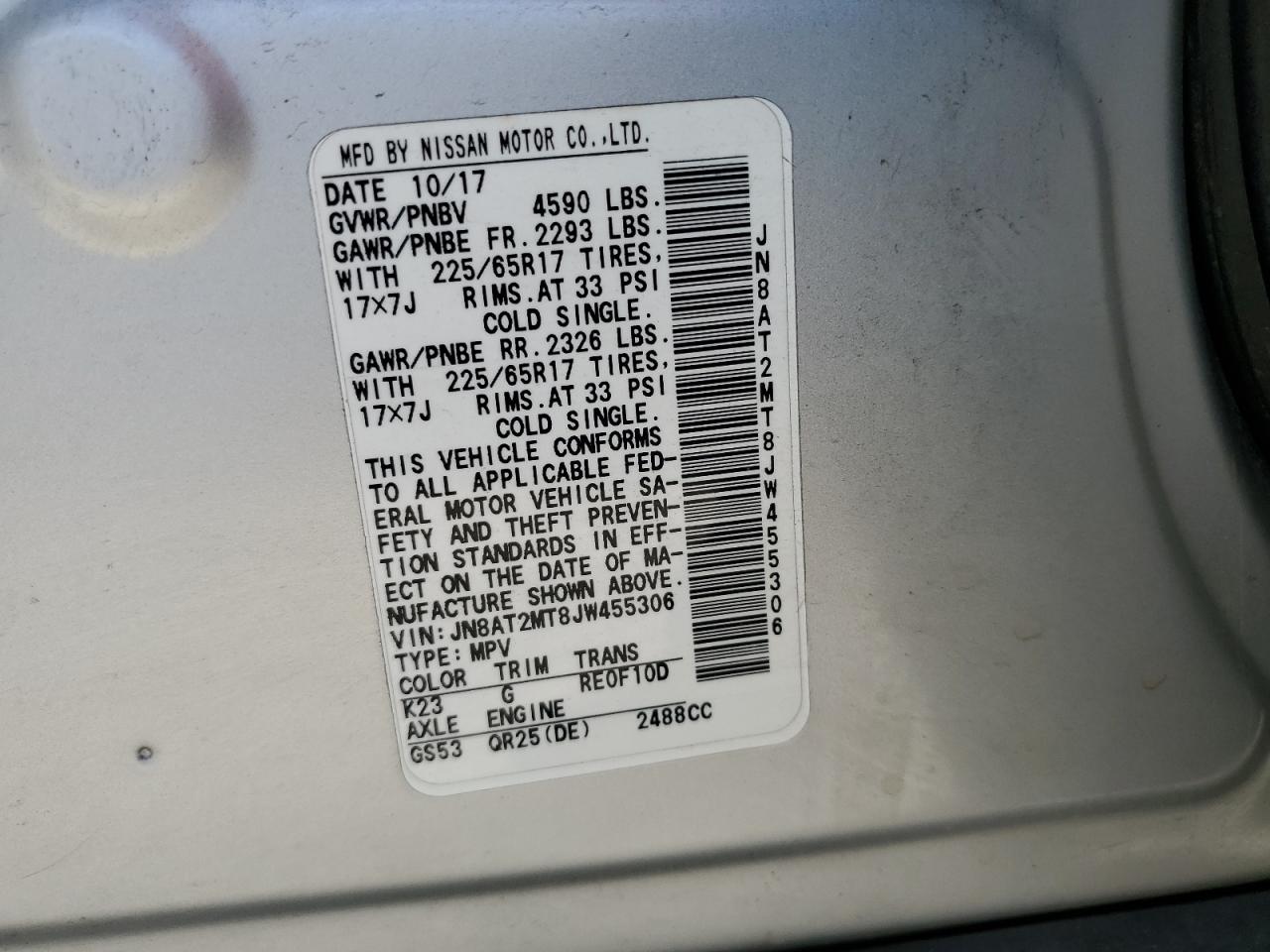 2018 Nissan Rogue S VIN: JN8AT2MT8JW455306 Lot: 68382765