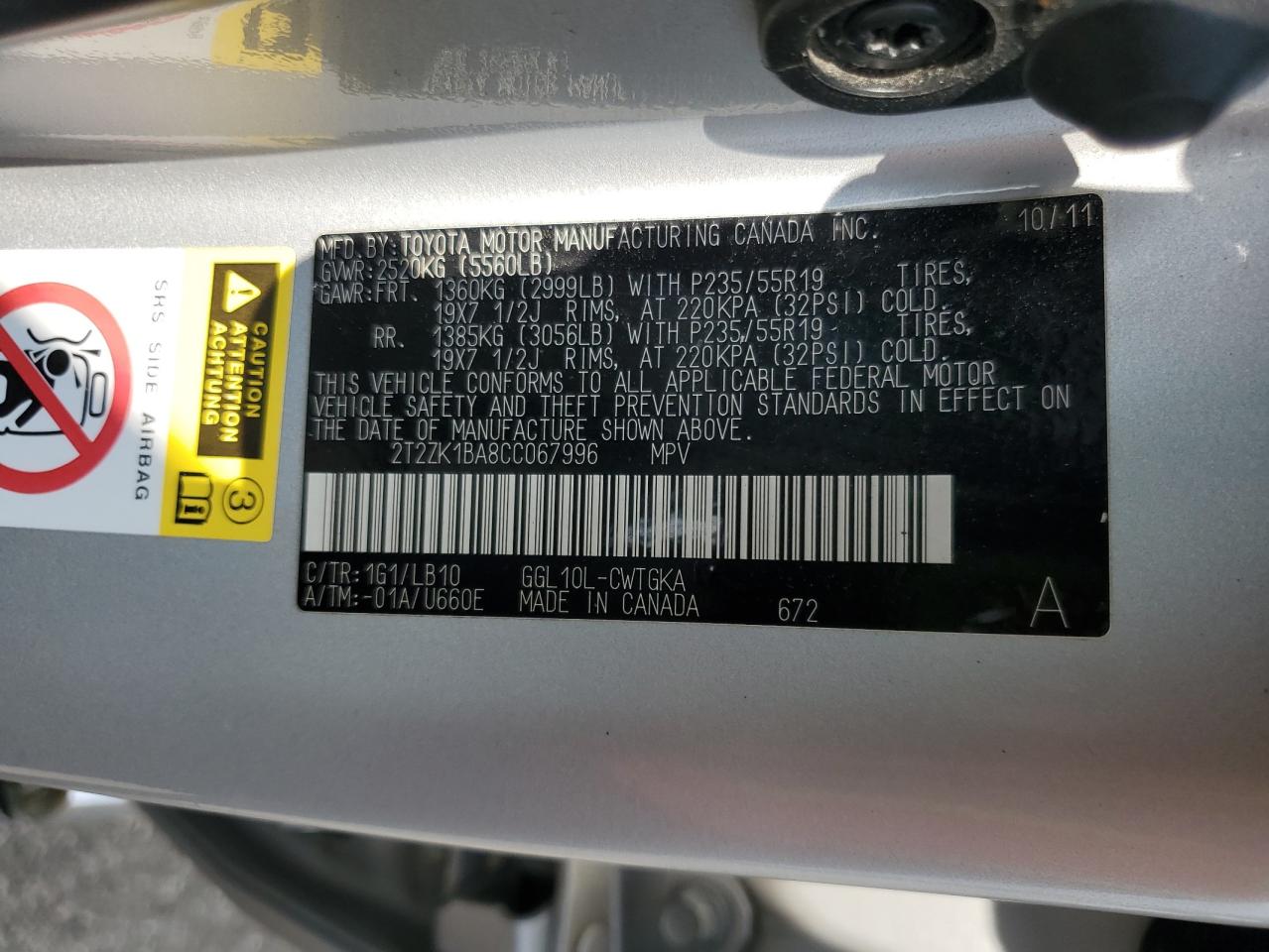 2012 Lexus Rx 350 VIN: 2T2ZK1BA8CC067996 Lot: 68753045