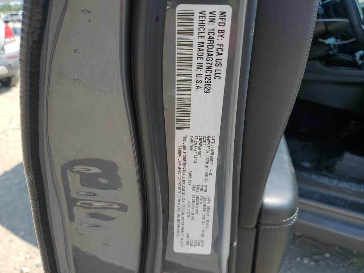 2022 Dodge Durango Sxt VIN: 1C4RDJAG7NC129629 Lot: 67542585