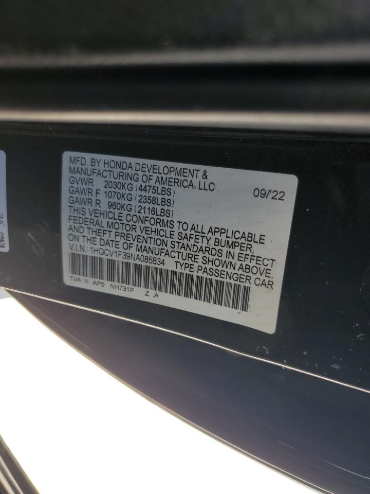 2022 Honda Accord Sport VIN: 1HGCV1F39NA085834 Lot: 68934905