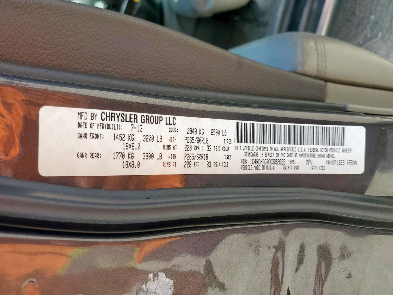 2013 Dodge Durango Sxt VIN: 1C4RDHAG0DC692626 Lot: 70991825