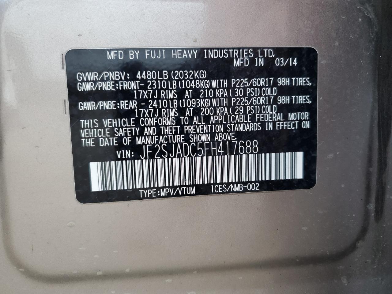 2015 Subaru Forester 2.5I Premium VIN: JF2SJADC5FH417688 Lot: 68694465