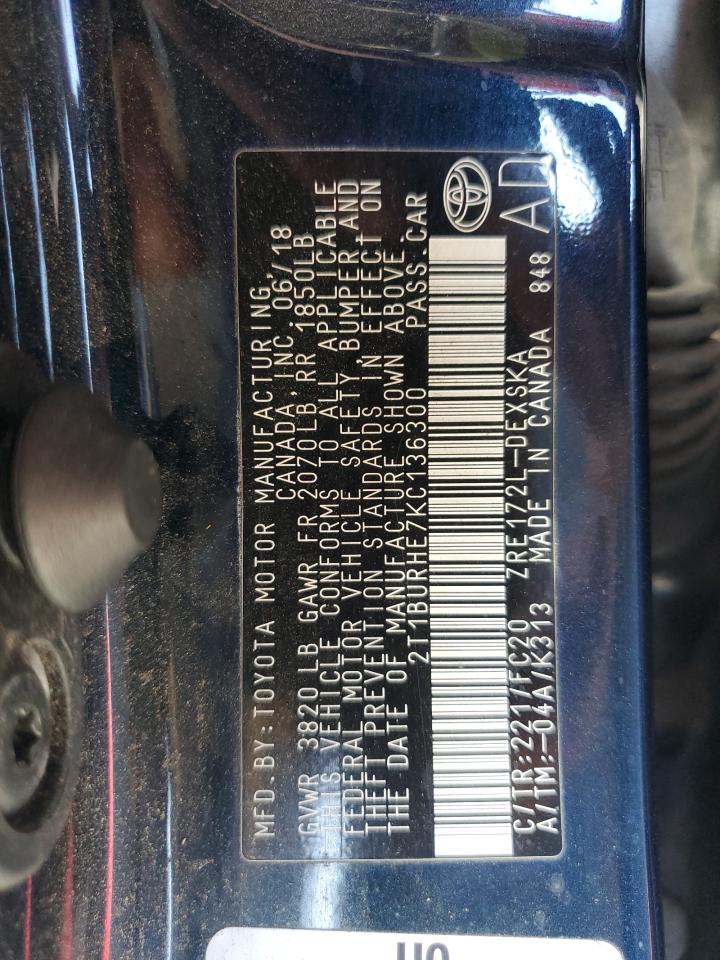 2019 Toyota Corolla L VIN: 2T1BURHE7KC136300 Lot: 68381755