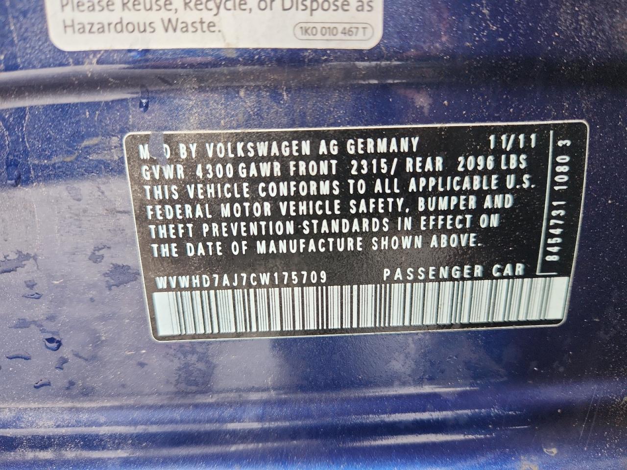2012 Volkswagen Gti VIN: WVWHD7AJ7CW175709 Lot: 70765885