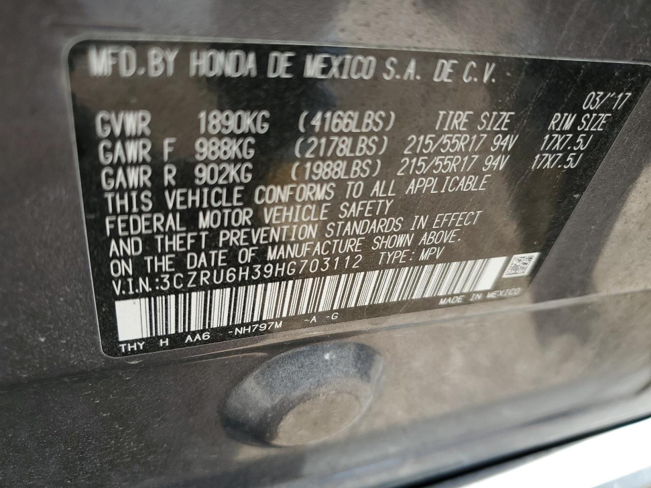 2017 Honda Hr-V Lx VIN: 3CZRU6H39HG703112 Lot: 69985945