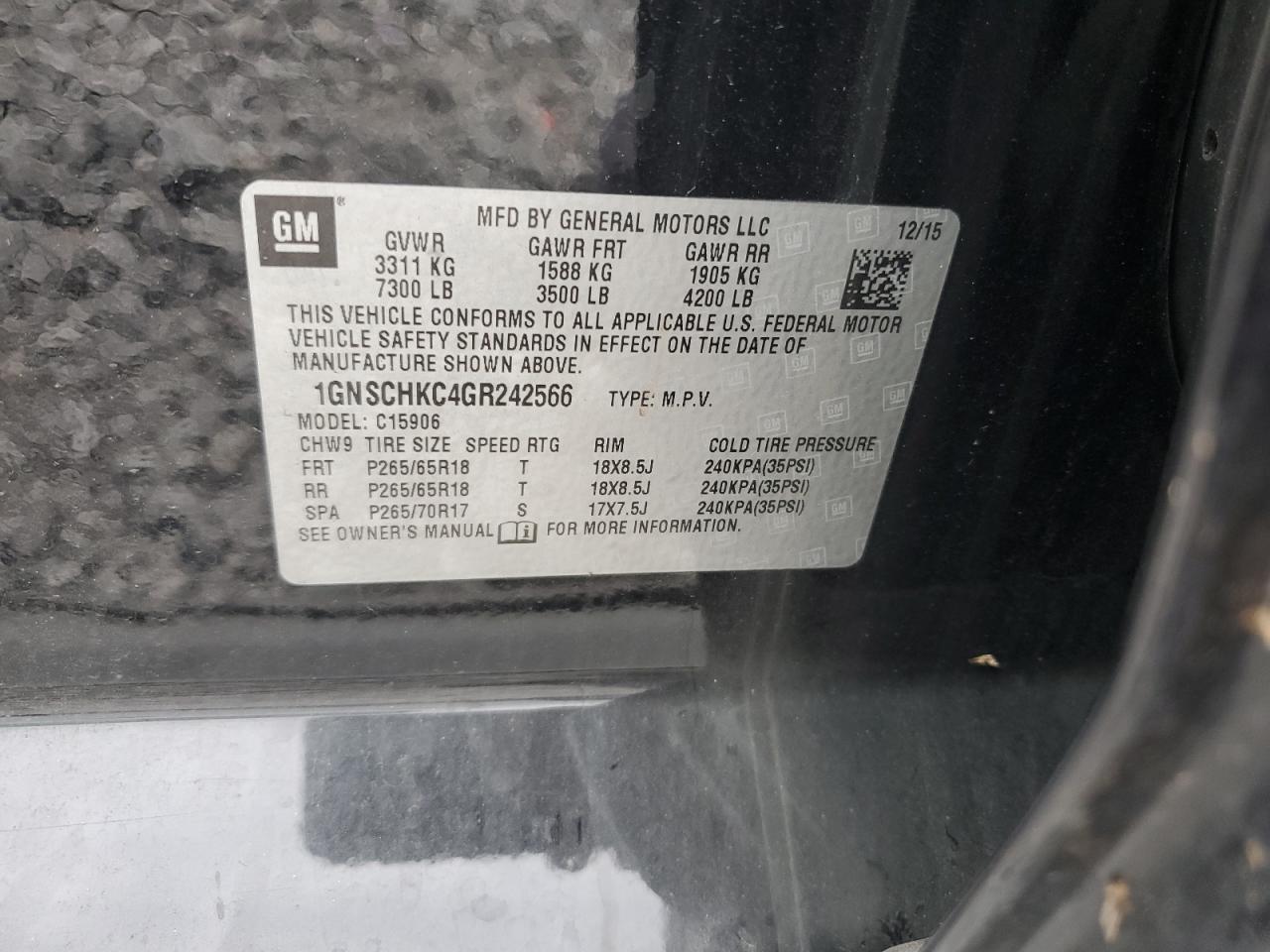 2016 Chevrolet Suburban C1500 Lt VIN: 1GNSCHKC4GR242566 Lot: 70381095