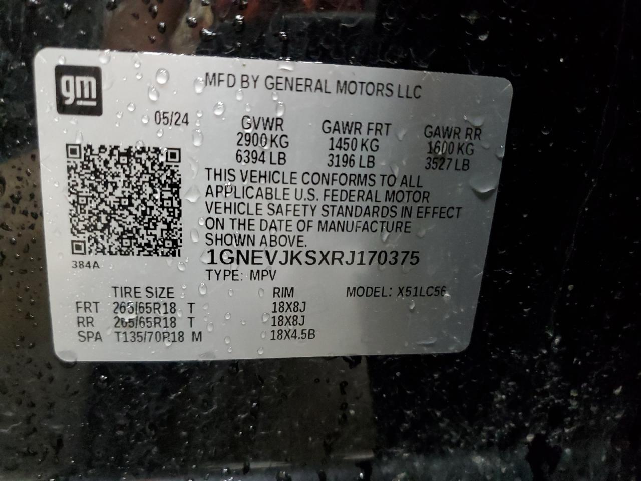 2024 Chevrolet Traverse Lt Z71 VIN: 1GNEVJKSXRJ170375 Lot: 70472545