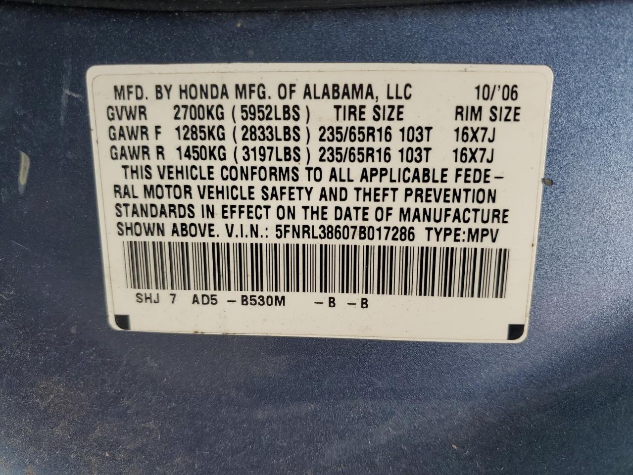 2007 Honda Odyssey Exl VIN: 5FNRL38607B017286 Lot: 68410445