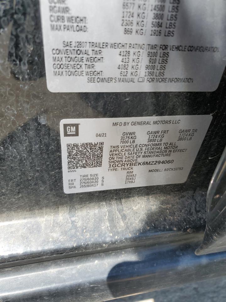 2021 Chevrolet Silverado K1500 Custom VIN: 1GCRYBEK6MZ294060 Lot: 65601905