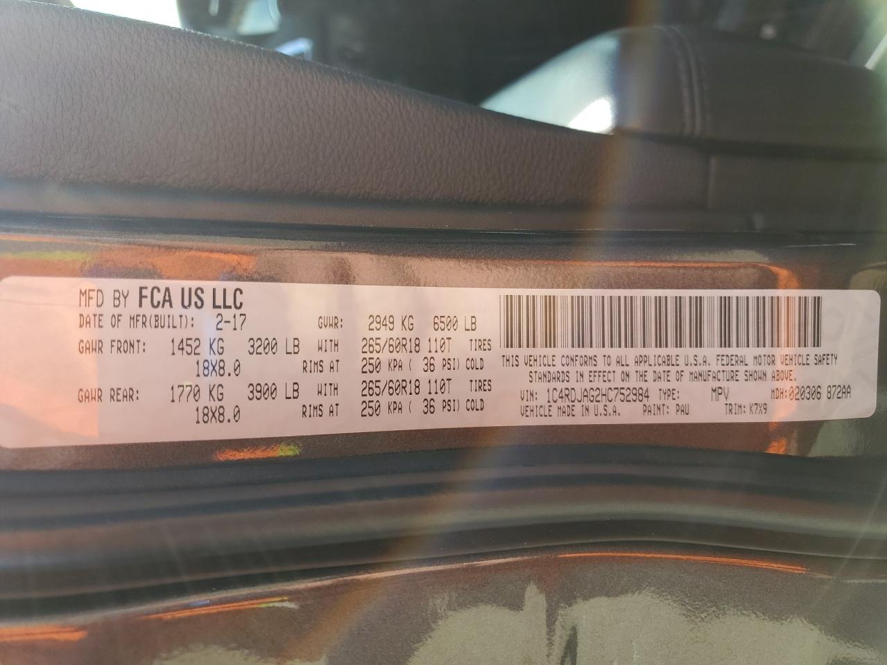 2017 Dodge Durango Sxt VIN: 1C4RDJAG2HC752984 Lot: 69379295