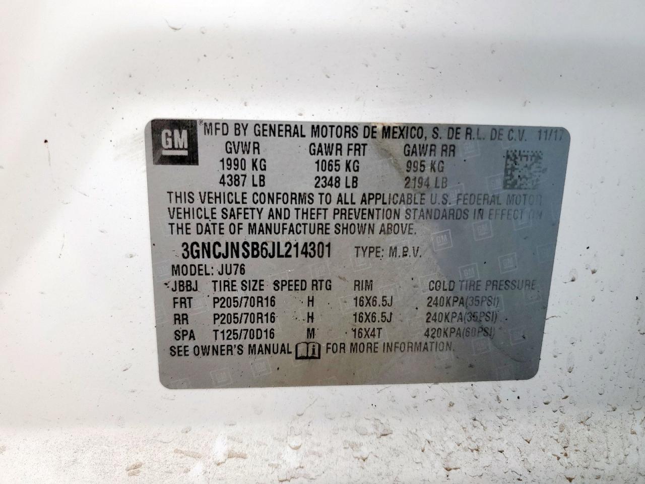 2018 Chevrolet Trax Ls VIN: 3GNCJNSB6JL214301 Lot: 70418455