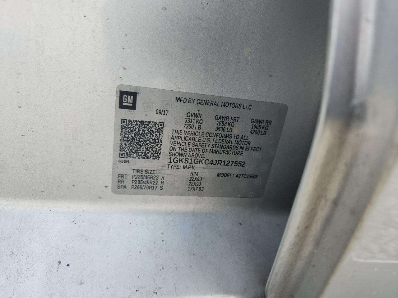 2018 GMC Yukon Xl C1500 Slt VIN: 1GKS1GKC4JR127552 Lot: 69222465