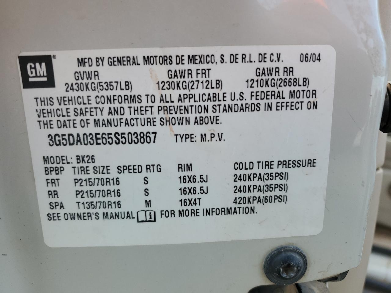 2005 Buick Rendezvous Cx VIN: 3G5DA03E65S503867 Lot: 67756475