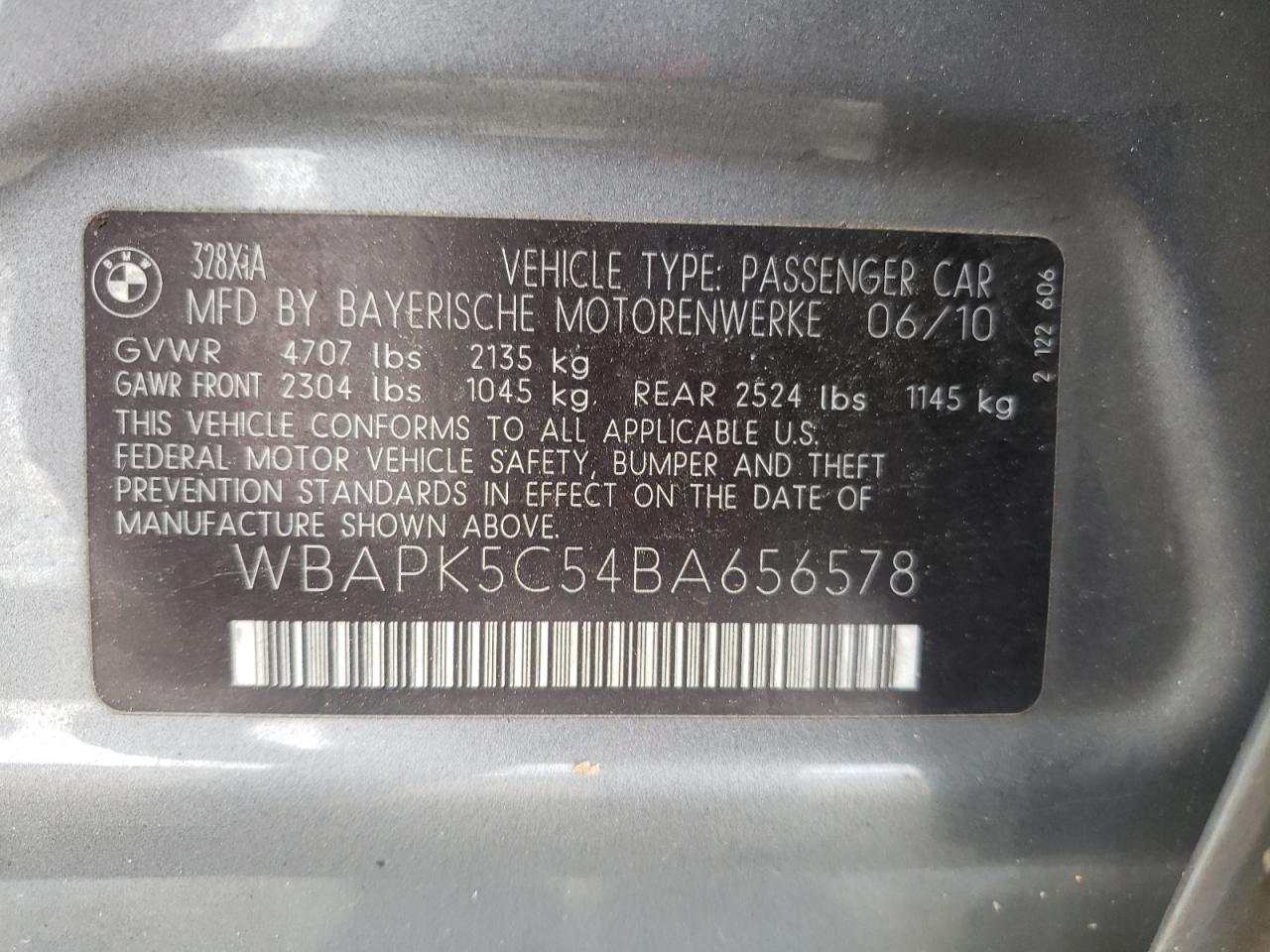 2011 BMW 328 Xi Sulev VIN: WBAPK5C54BA656578 Lot: 68844325