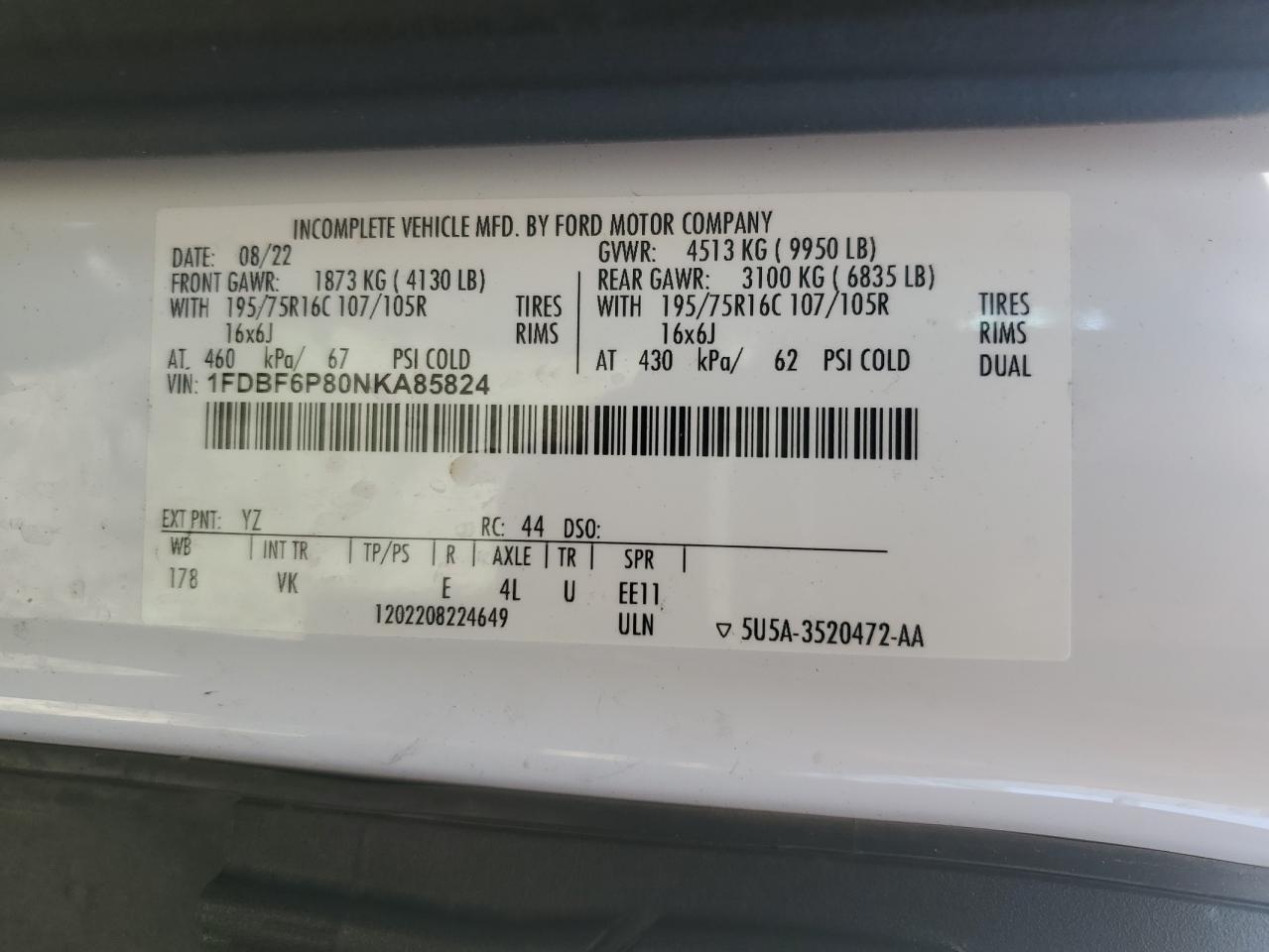 2022 Ford Transit T-350 Hd VIN: 1FDBF6P80NKA85824 Lot: 68367975