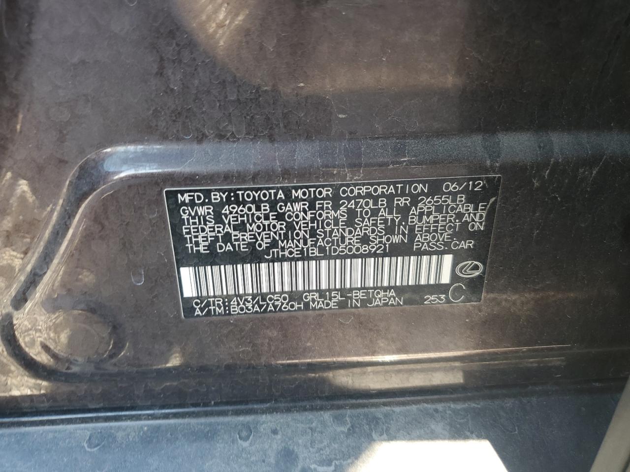 2013 Lexus Gs 350 VIN: JTHCE1BL1D5008921 Lot: 68744615