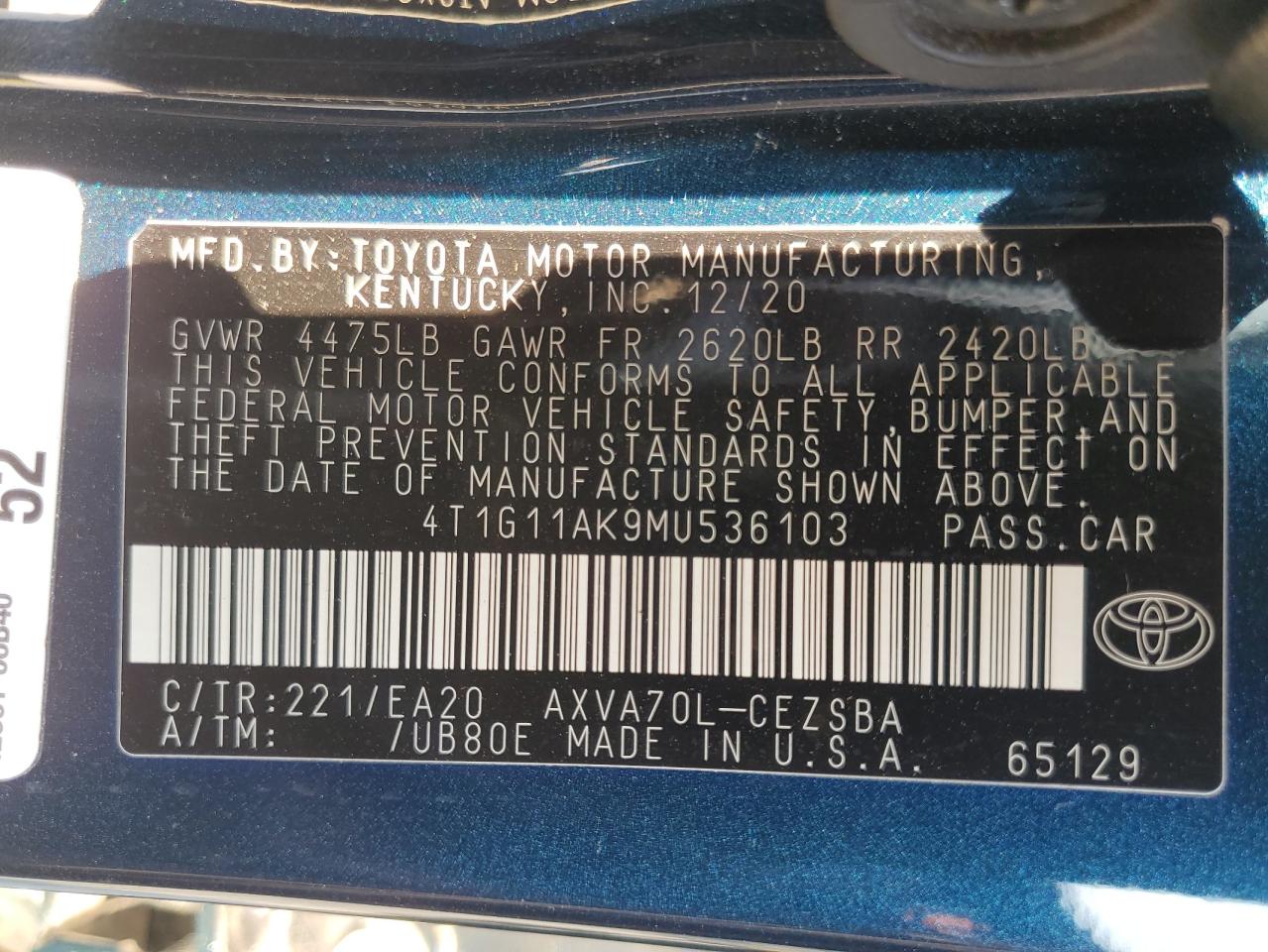 4T1G11AK9MU536103 2021 Toyota Camry Se