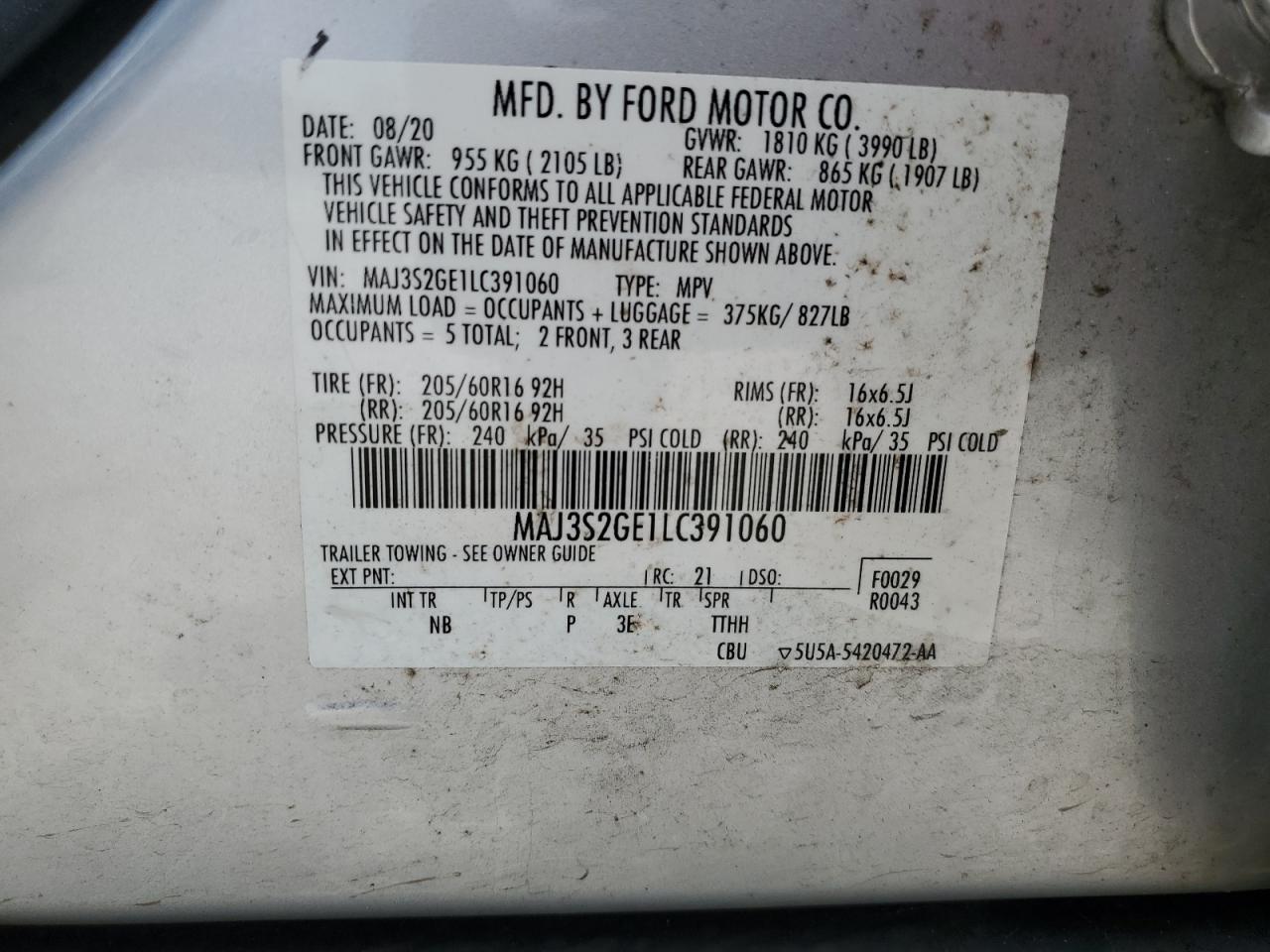 2020 Ford Ecosport Se VIN: MAJ3S2GE1LC391060 Lot: 67848345