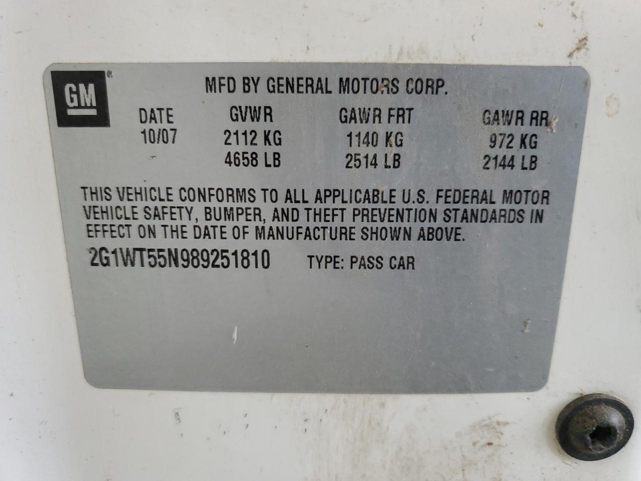 2008 Chevrolet Impala Lt VIN: 2G1WT55N989251810 Lot: 70171745