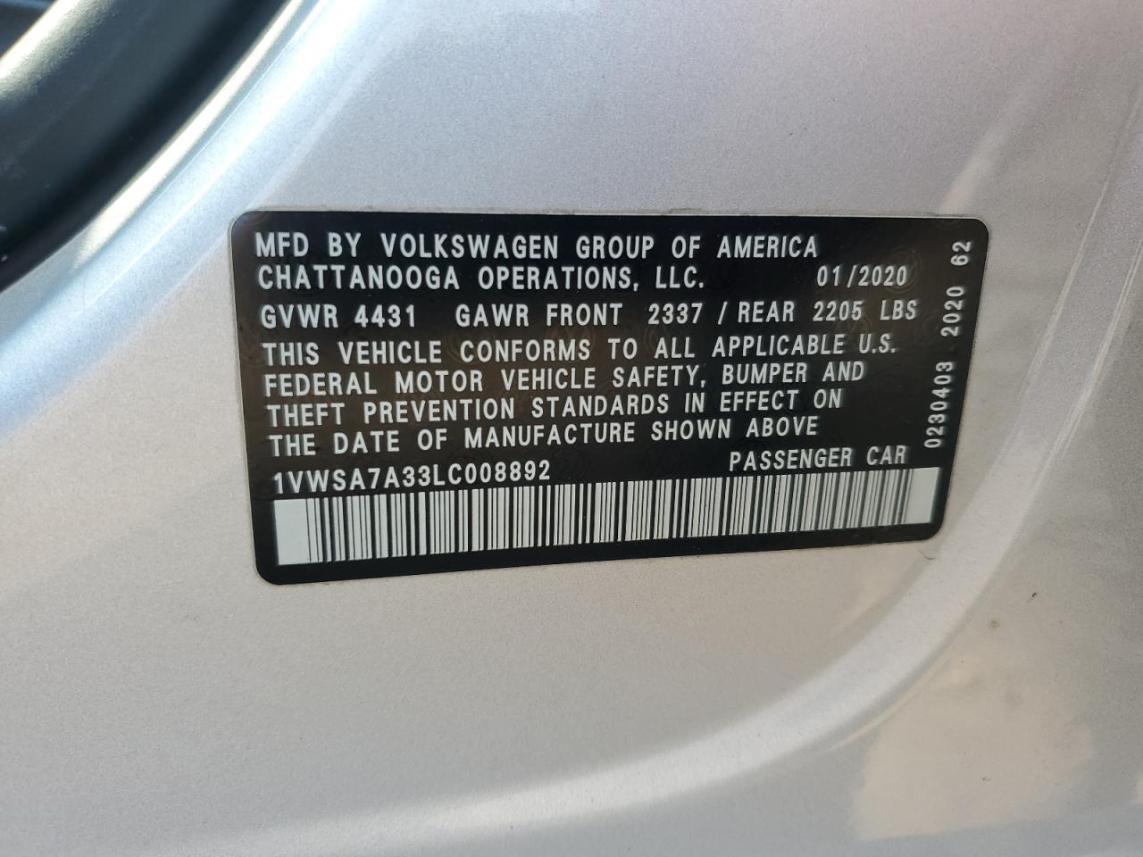 2020 Volkswagen Passat Se VIN: 1VWSA7A33LC008892 Lot: 68549585