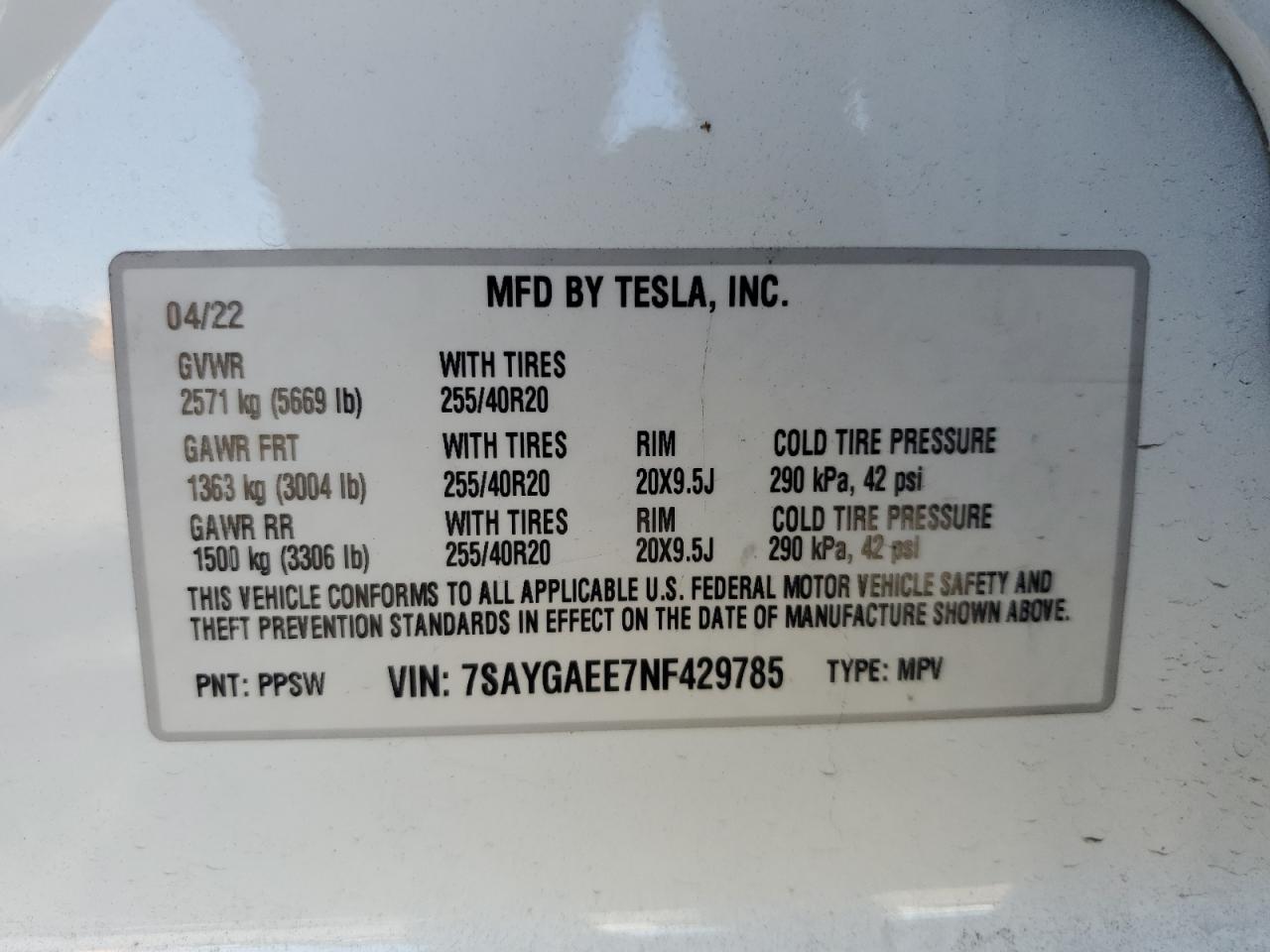 2022 Tesla Model Y VIN: 7SAYGAEE7NF429785 Lot: 71043245