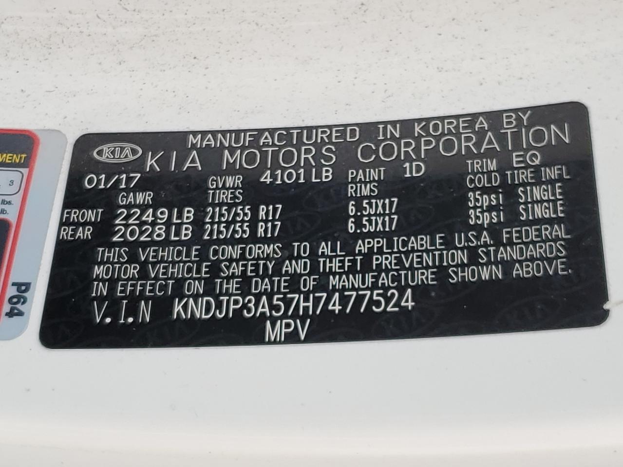 2017 Kia Soul + VIN: KNDJP3A57H7477524 Lot: 69417805