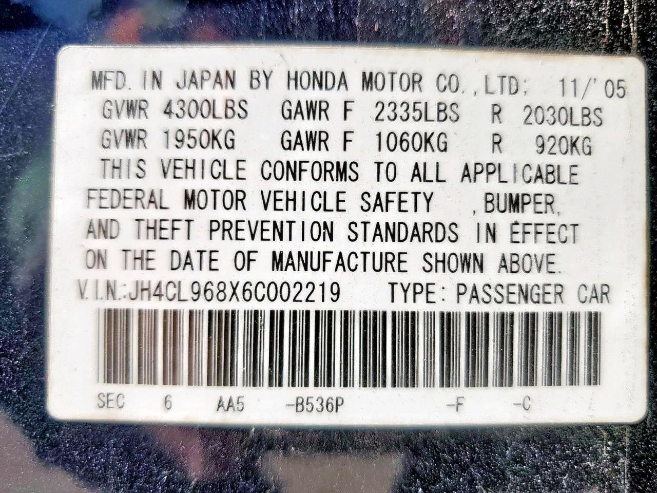 2006 Acura Tsx VIN: JH4CL968X6C002219 Lot: 69441115