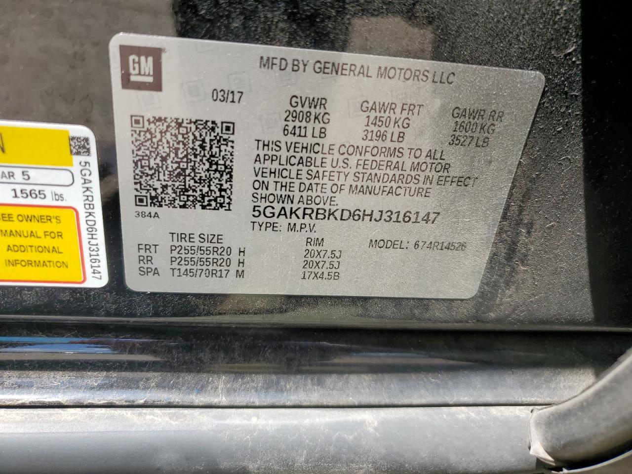 2017 Buick Enclave VIN: 5GAKRBKD6HJ316147 Lot: 68466005