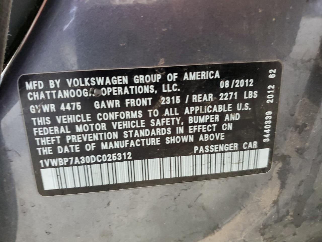 2013 Volkswagen Passat Se VIN: 1VWBP7A30DC025312 Lot: 67248055