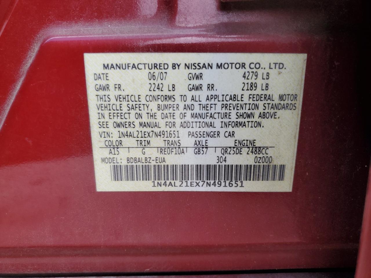 2007 Nissan Altima 2.5 VIN: 1N4AL21EX7N491651 Lot: 69875705