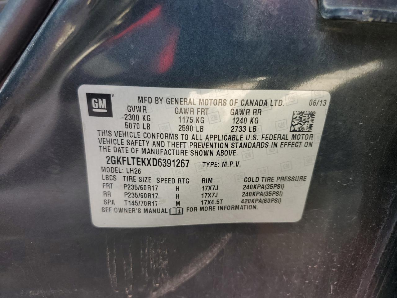 2013 GMC Terrain Sle VIN: 2GKFLTEKXD6391267 Lot: 69705005