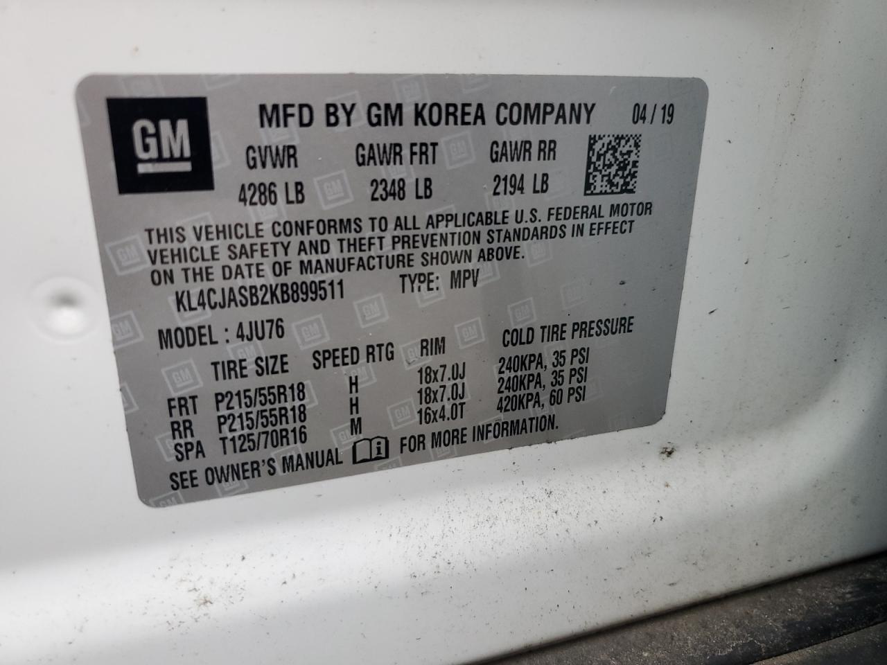 2019 Buick Encore Preferred VIN: KL4CJASB2KB899511 Lot: 69280685