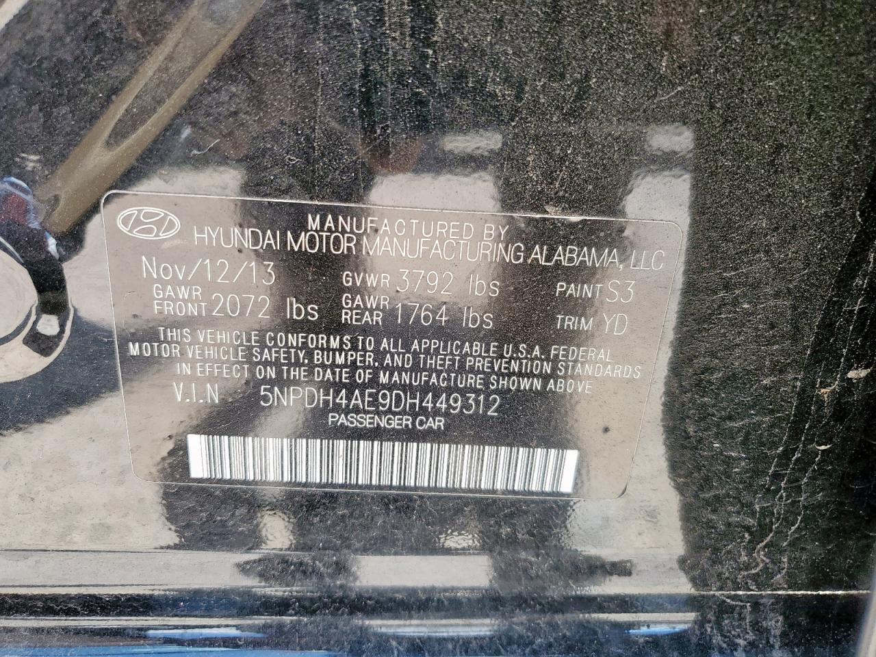 2013 Hyundai Elantra Gls VIN: 5NPDH4AE9DH449312 Lot: 70364165