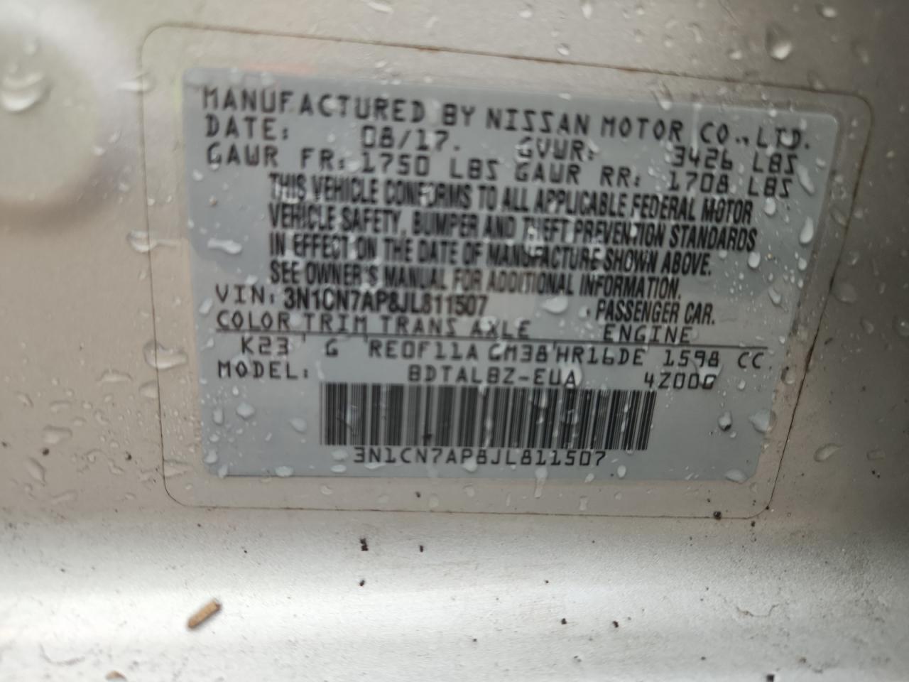 2018 Nissan Versa S VIN: 3N1CN7AP8JL811507 Lot: 68192055