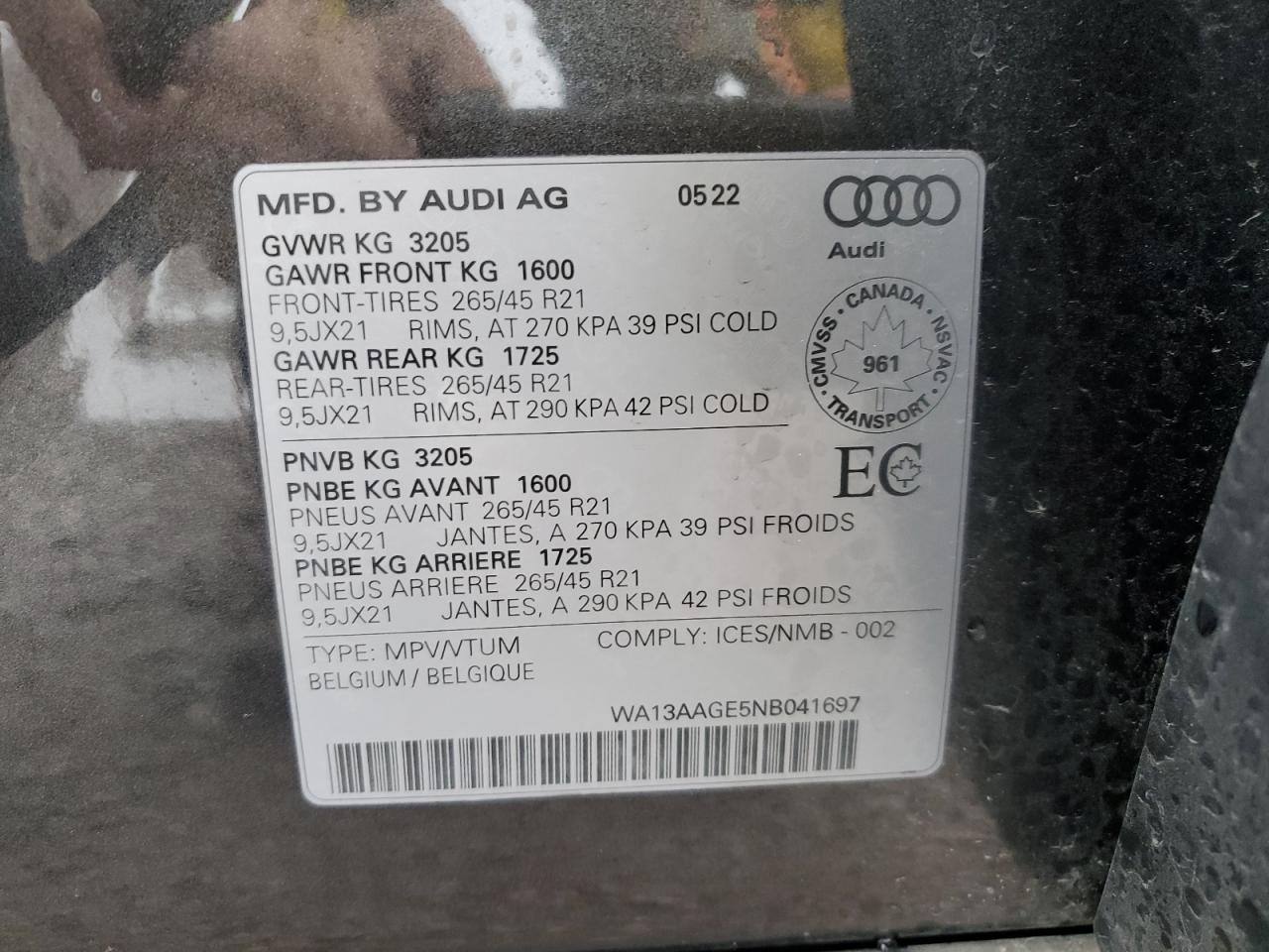 2022 Audi E-Tron Sportback Prestige VIN: WA13AAGE5NB041697 Lot: 67922875