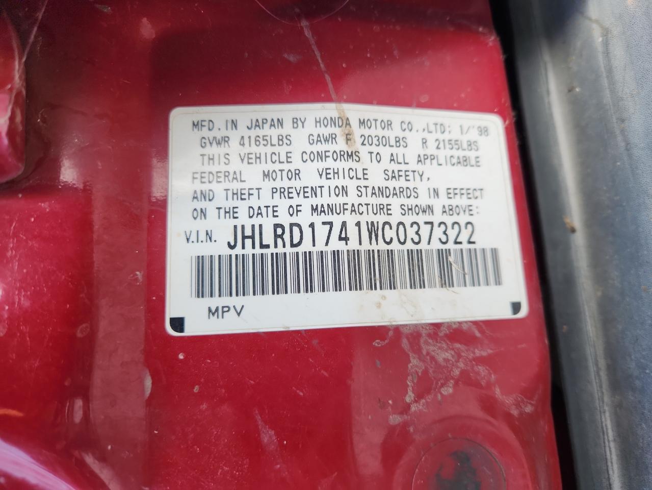 1998 Honda Cr-V Lx VIN: JHLRD1741WC037322 Lot: 67674885