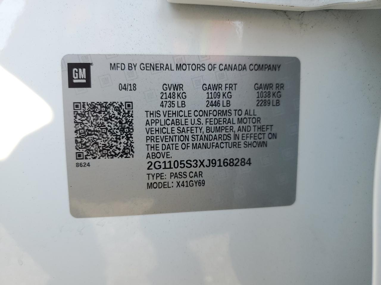 2018 Chevrolet Impala Lt VIN: 2G1105S3XJ9168284 Lot: 67129315