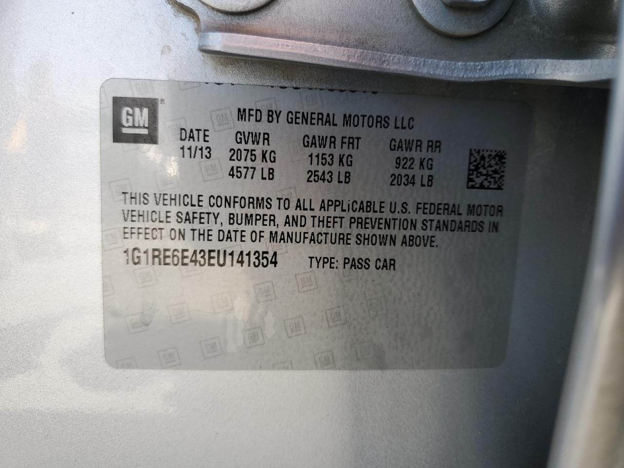 2014 Chevrolet Volt VIN: 1G1RE6E43EU141354 Lot: 70380025