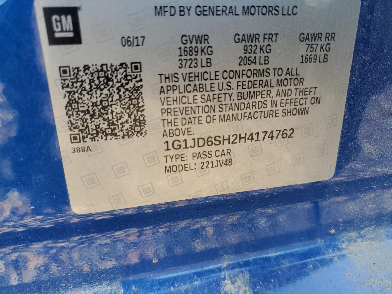 2017 Chevrolet Sonic Lt VIN: 1G1JD6SH2H4174762 Lot: 68372335