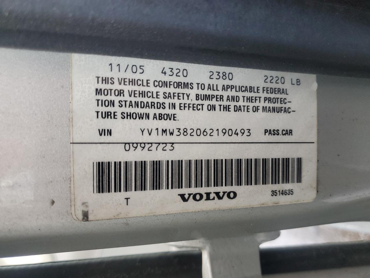 2006 Volvo V50 2.4I VIN: YV1MW382062190493 Lot: 68639365