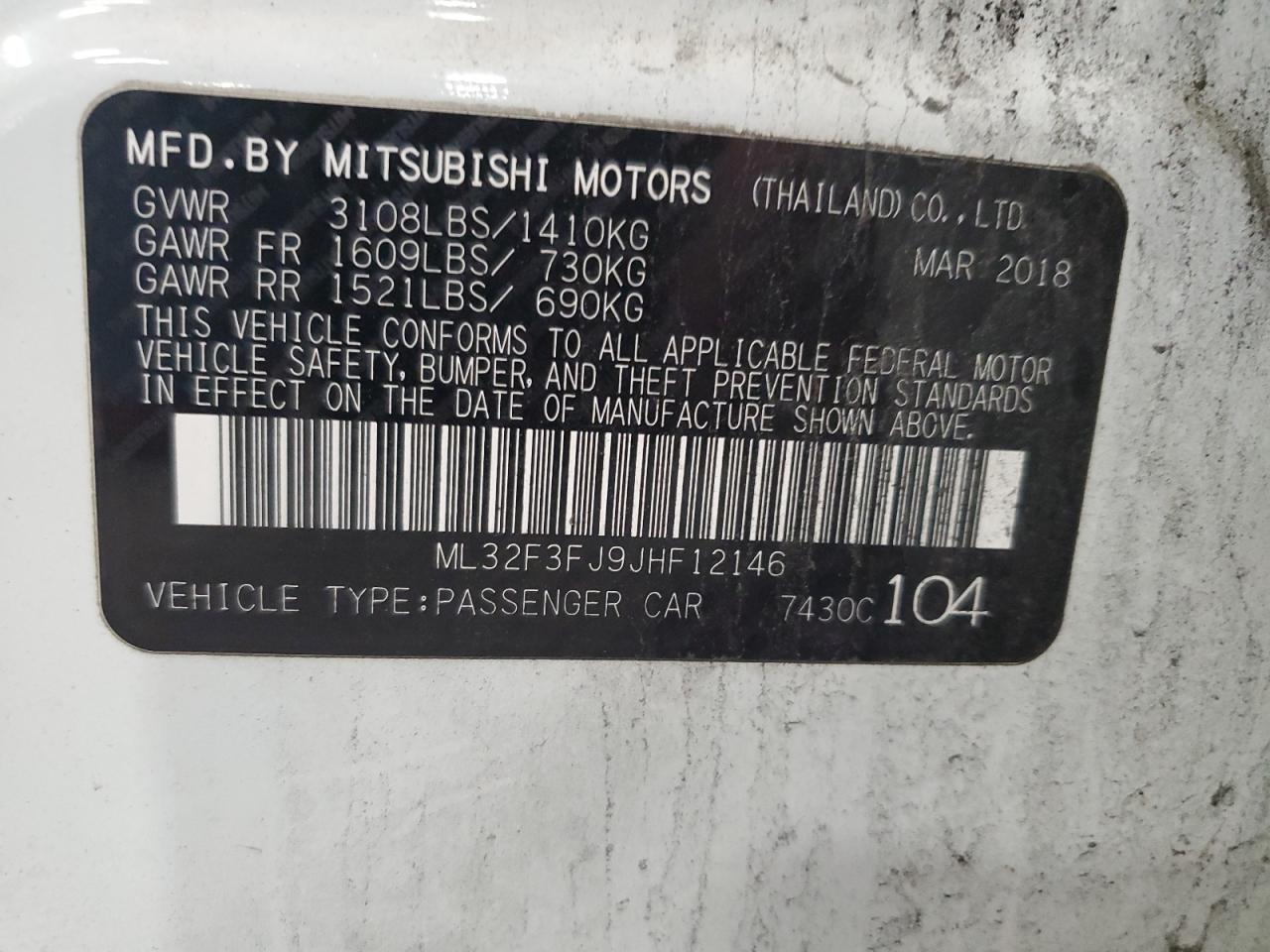 2018 Mitsubishi Mirage G4 Es VIN: ML32F3FJ9JHF12146 Lot: 67432325